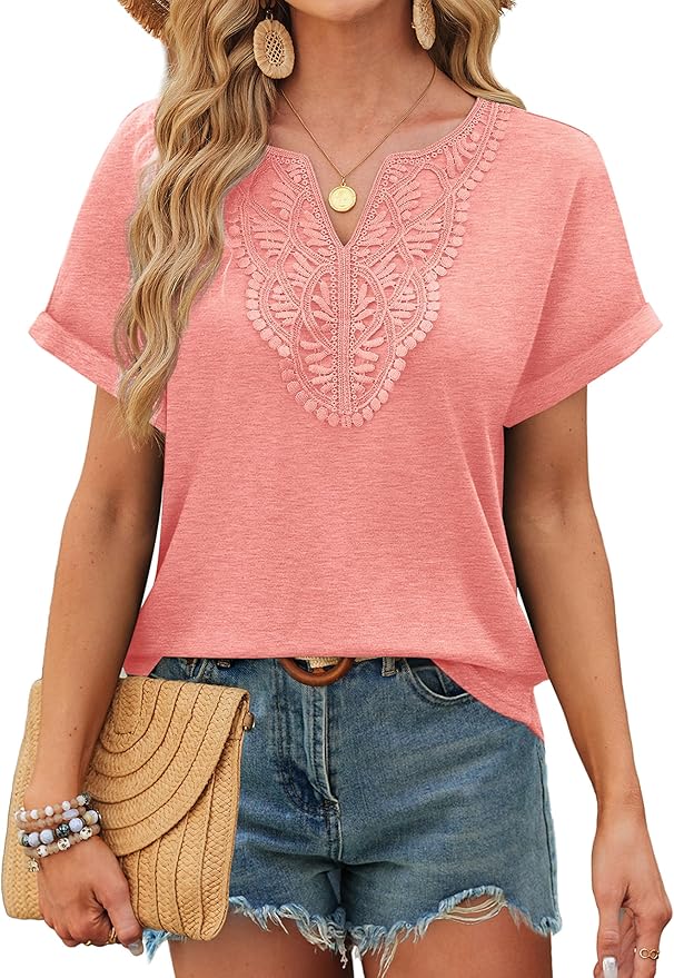Sipaya Womens Blouses Dressy Casual Summer Shirts Short Sleeve Lace Front Boho Tunic Tops for Leggings Fashion Clothes