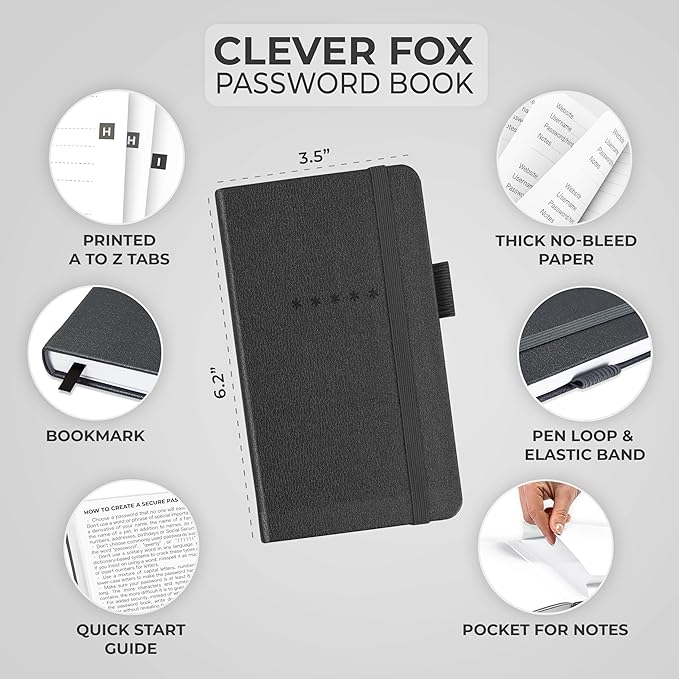 Clever Fox Password Book – Alphabetized Internet Address & Password Organizer – Computer & Website Password Keeper Notebook – Log-In Password Journal – Pocket, 6.2x3.5″, Hardcover (Mystic Gray)
