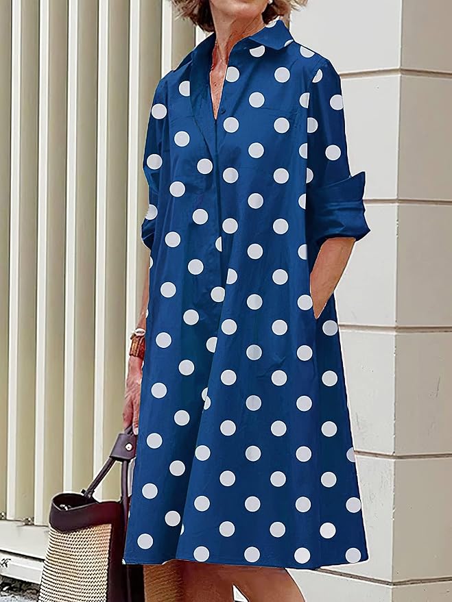 Womens 2025 Long Sleeve Button Down Shirt Summer Dress Casual V Neck Loose Fit Midi Shirt Dresses with Pockets