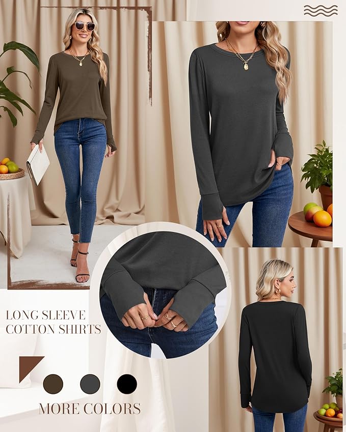 Huukeay 3 Pack Women's Long Sleeve Shirts with Thumb Holes, Cotton Casual Crew Neck Tunic Tops Fall Loose Y2k Trendy Outfits