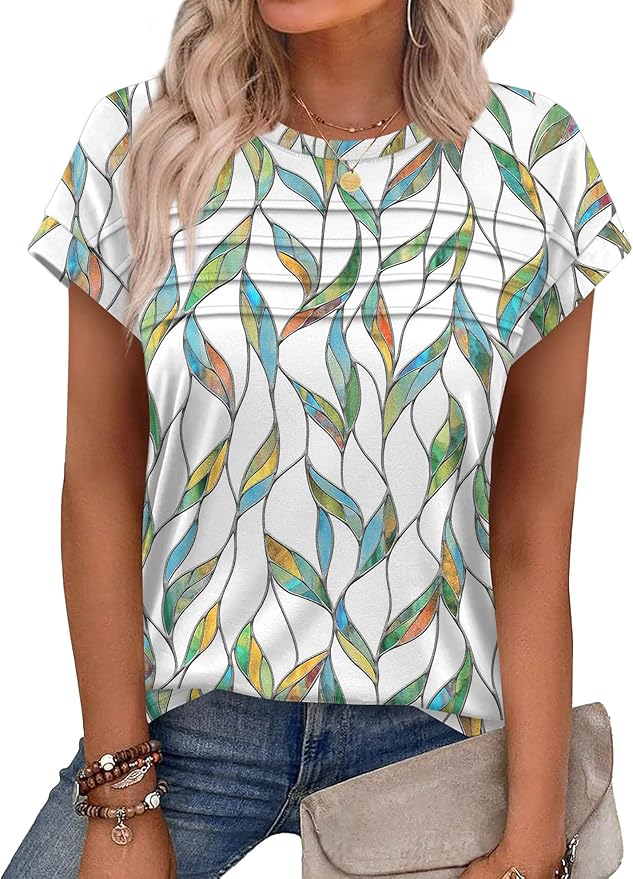 WEESO Womens Summer Tops Trendy 2026 Cap Sleeve T Shirts Crew Neck Pleated Front Beach Vacation Clothes Fashion
