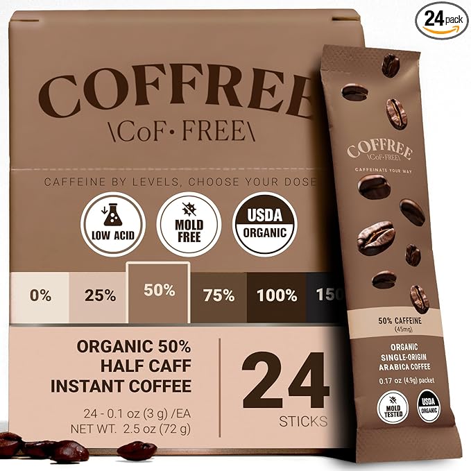 COFFREE Organic Instant Coffee Packets - 50% Half Caff Convenient Coffee Sticks, Mold Free, Low Acid Arabica Beans for On-the-Go Energy - Hot or Cold Smooth Taste Single Serve Travel Packets 24 Count