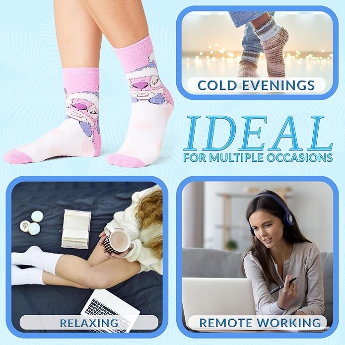 Disney Slippers Socks for Women & Teens US Size 4-9, Pack of 2 Non Slip Fleece Winter Socks, Soft & Fluffy, Gifts for Her