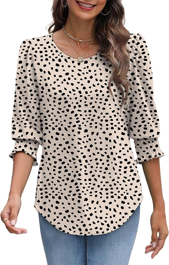 XIEERDUO Blouses for Women Dressy Casual 3/4 Length Sleeve Womens Tops with Smocked Cuffs