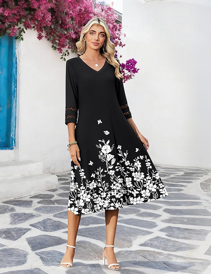 Zeagoo Women's Dresses 3/4 Sleeve Summer Casual V-Neck A Line Flowy Eyelet Midi Dress for Women Beach Vacation Sundress