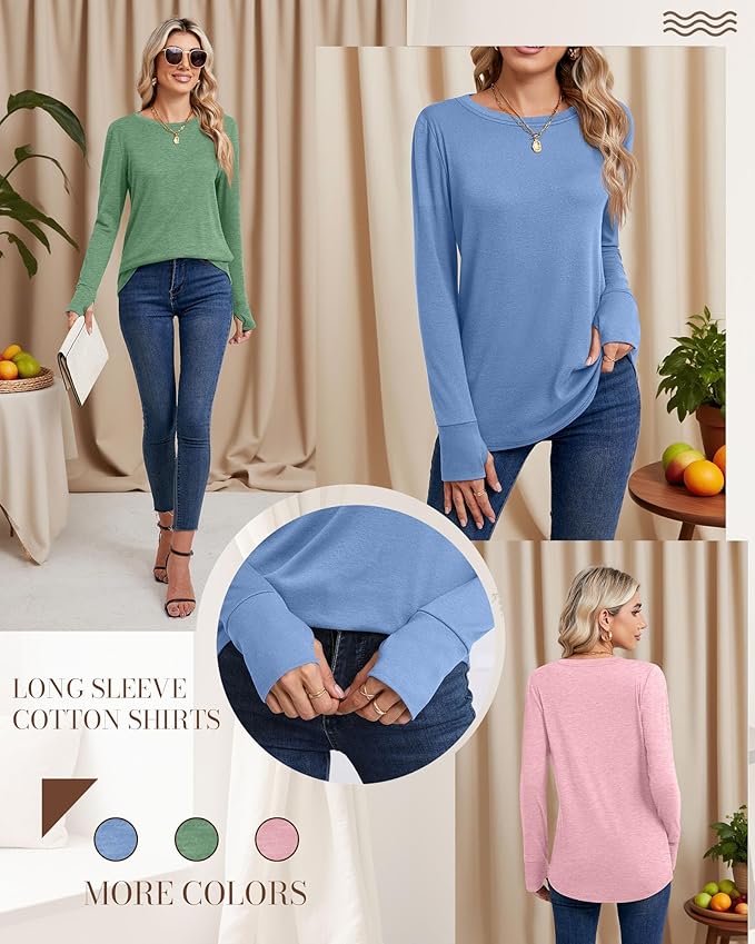 Huukeay 3 Pack Women's Long Sleeve Shirts with Thumb Holes, Cotton Casual Crew Neck Tunic Tops Fall Loose Y2k Trendy Outfits