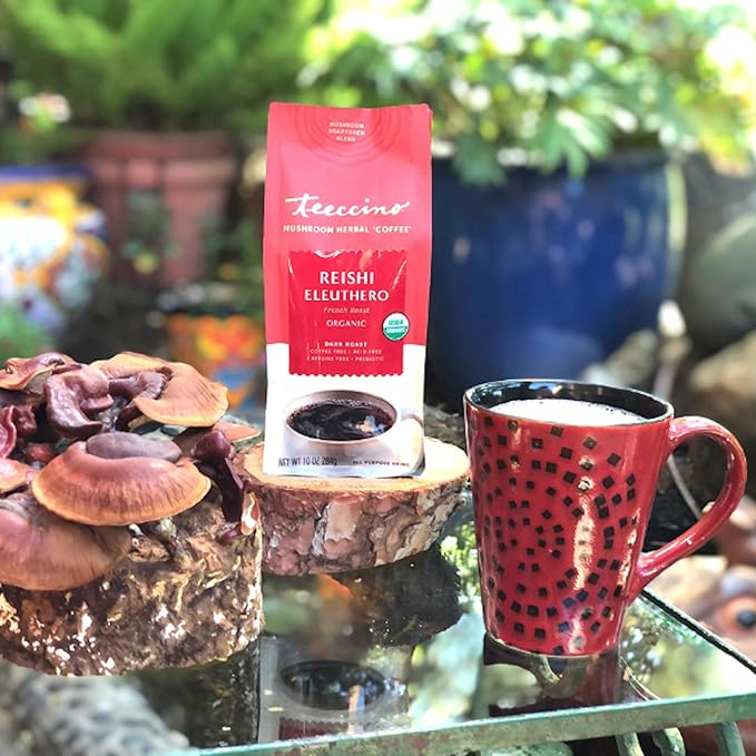 Teeccino Reishi Eleuthero Coffee Alternative - French Roast - Organic Adaptogenic Herbal Mushroom Coffee, Dark Roast, Caffeine Free, Prebiotic, Acid Free, All-Purpose Grind - 10 Oz