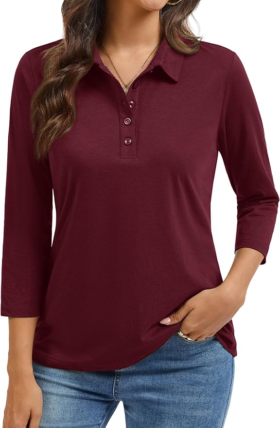 YUCOLEN Polo Shirts for Women 3/4 Sleeve Tops Golf Tees 5-Button Collared Cotton Shirt Business Casual