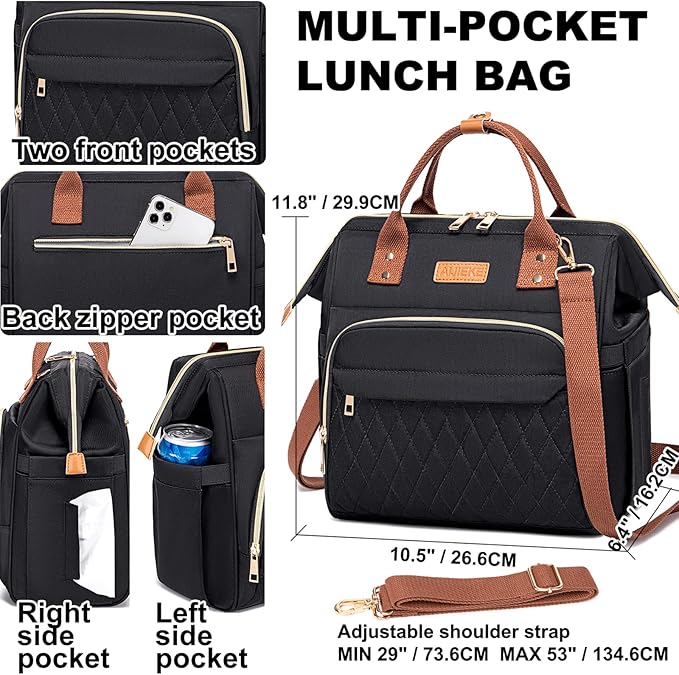 AIJIEKE Lunch Bag for Women, Leakproof & Insulated Work Lunch Box Tote, Reusable Adult Cooler Bag with Water Bottle Side Pocket & Removable Shoulder Strap, Black