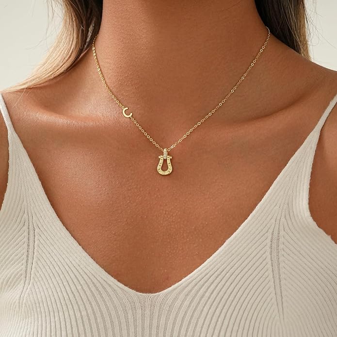 ITS4YEO Valentines Day Gifts for Women Hers, Lucky Horseshoe Initial Necklace, Dainty 14K Gold Plated Pendant Necklace, Trendy Hypoallergenic Jewelry, Gifts for Women and Teen Girls
