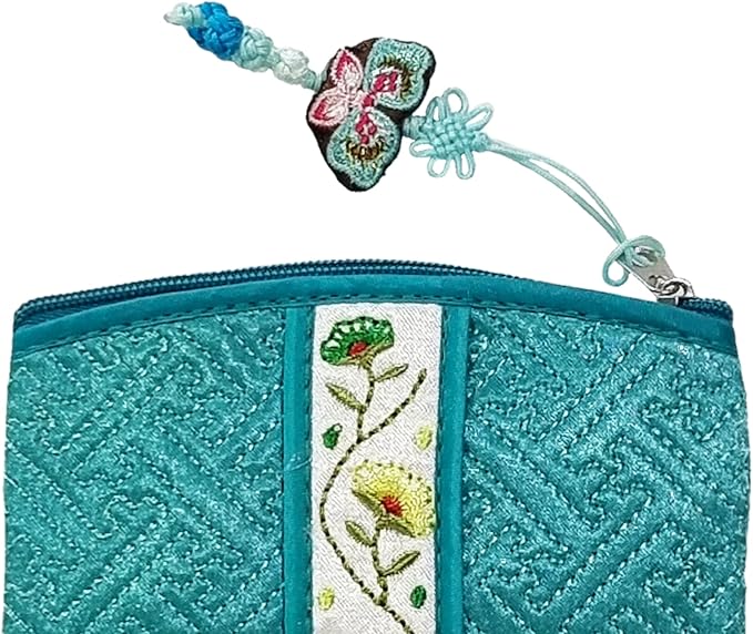 Seoulful Vintage Korean Embroidered Card Pouch - Wildflower Design Coin Purse with Butterfly Charm - Traditional Korean New Year's Gifts (Mint)