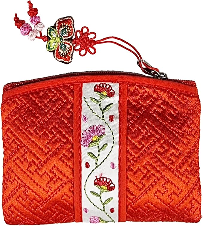 Seoulful Vintage Korean Embroidered Card Pouch - Wildflower Design Coin Purse with Butterfly Charm - Traditional Korean New Year's Gifts (Red)