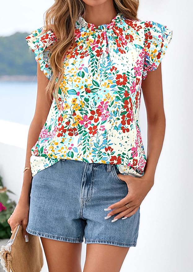 PRETTYGARDEN Women's Ruffle Short Sleeve Summer Tops 2026 Trendy Floral Trim Neck Casual Dressy Chiffon Boho Blouses Shirts