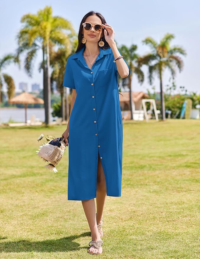 HOTOUCH Womens Dress Summer Casual Midi Short Sleeve Button Down Shirt Dresses Loose Beach Cover Up with Pockets