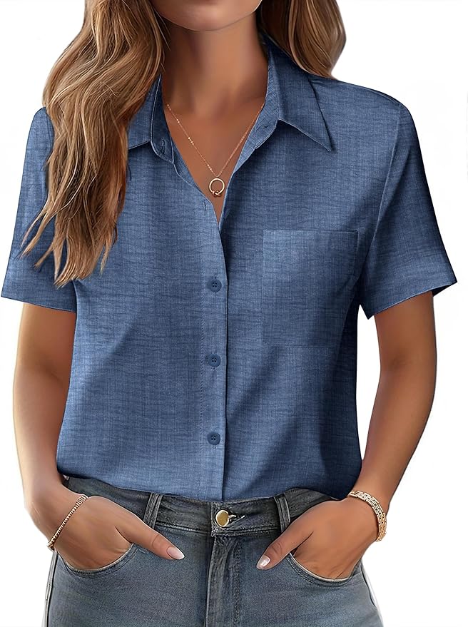 Zeagoo Womens Button Down Shirt Bust Pocket Short Sleeve Blouses Business Casual Work Tops Summer Outfits