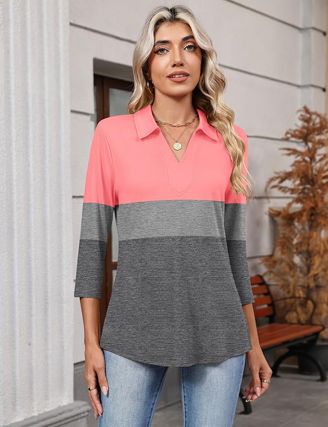 LOMON 3/4 Length Sleeve Womens Tops 2026 Spring Summer Collared Polo Shirts V Neck Casual Basic Polos Tees Shirt