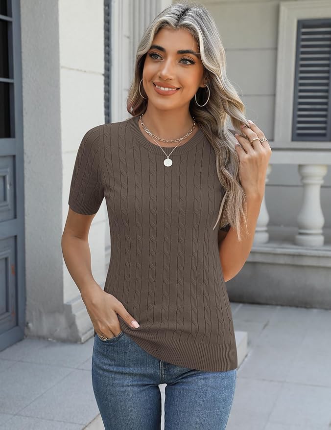 Micoson Womens Short Sleeve Cable Knit Sweater Tops Crewneck Lightweight Spring Summer Shirts Business Dressy Casual Outfits