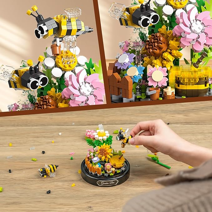 QLT QIAOLETONG Flower Bouquet Building Sets, 588 PCS Animals Flowers Botanical Collection Mini Bricks Building Blocks Toy for Adults, Valentine's Day for Her Mom Women Wife Girlfriend (Bee)