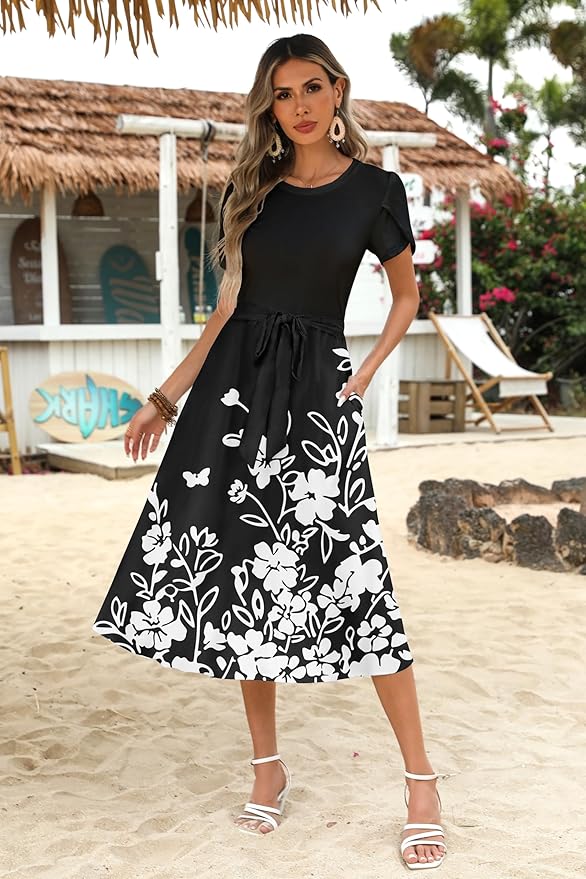 Zeagoo Womens Midi Dress Summer Short Sleeve Dress with Pockets 2025 Casual Floral T-Shirt Dress Flowy Beach Sundress