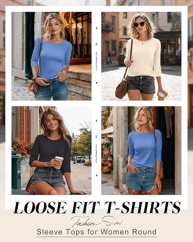 Ficerd 3 Pack 3/4 Sleeve Tops for Women Round Neck Dressy Basics Tees Casual Trendy Loose Fit T Shirts