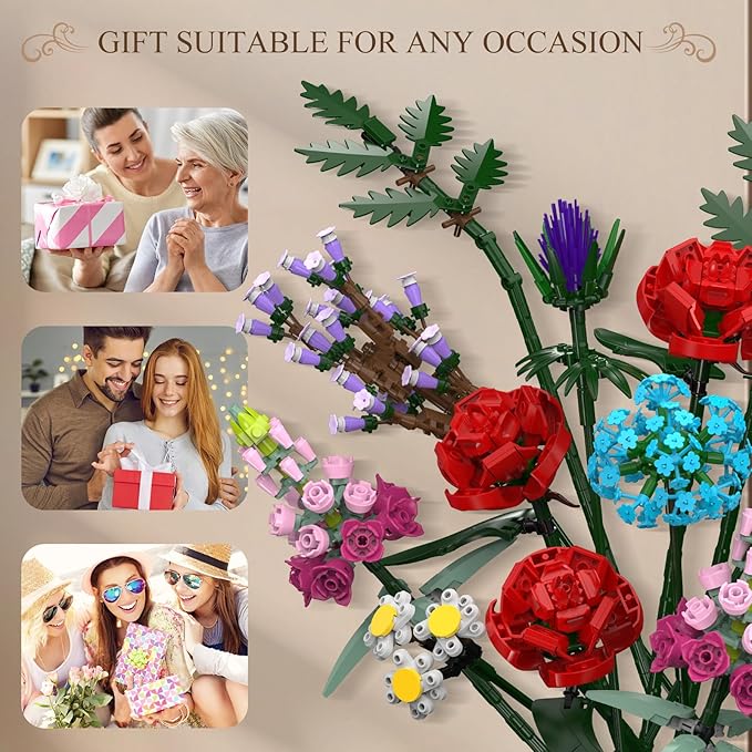 Dexblocks 1000 Pcs Flower Bouquet Building Kit,Artificial Flower Bouquet Kit for Adults, Botanical Collection Home Decor, for Women and Girls,Anniversaries and Christmas Ideal Gift