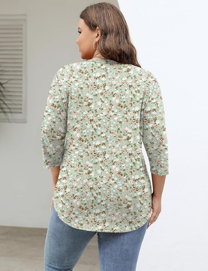 TFSDOD Womens Plus Size Tops V Neck T Shirts 3/4 Sleeve Blouse Summer Casual Tees XL-5X