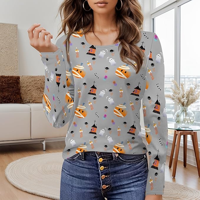 domirica Halloween Sweatshirts For Women Cute Pullover Fall Long Sleeve Pullover U-Neck Halloween Crazy Party Club Clothes