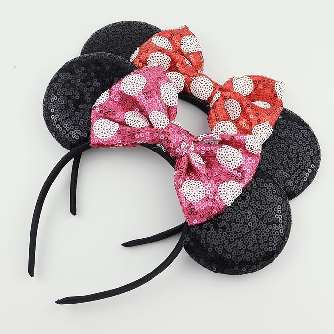 LIHELEI Minnie Ears Mouse Ears Headband with Sequin Bows, Headbands for Women Halloween Costume, Headwear Hair Accessories-2 pack Black and Red