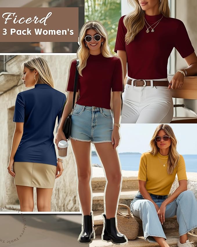 Ficerd 3 Pack Women's 1/2 Sleeve Mock Turtleneck Shirts, Elbow Length Shirt Half Sleeve Tunic Top Casual Summer Basic Tees