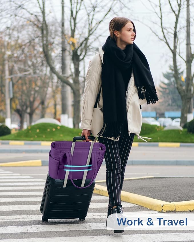 TOPDesign Puffy Tote Bag for Women with Cup Holder & Laptop Compartment & Cosmetic Bag & Trolley Sleeve for Work, Travel