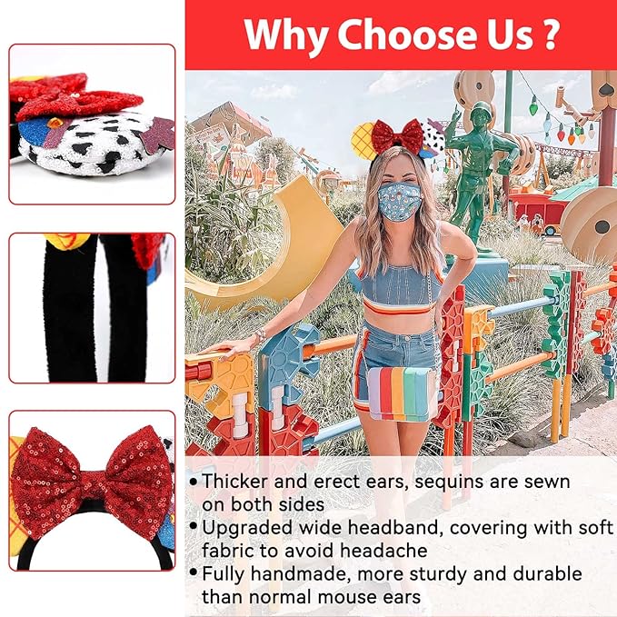 UNSPAZ Mouse Ears Headband, Extra Thick & Soft Ear Headband for Adult Women Grils, Sequin Shiny Bow hairband for Cosplay Party Trip Hair Decorations (TS Yellow)