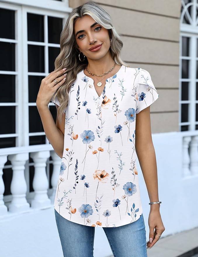 Zeagoo Womens Tops Dressy Casual Textured Blouses Cap Short Sleeve Shirts V Neck Button Up Summer Spring Work Tshirt Clothes