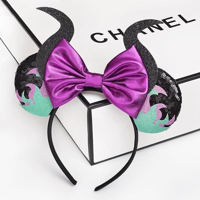 Seamoy Sequin Mouse Ears Headband,Halloween Mice Ears Hairband, Maleficent Horn Design, Costume Headwear, Purple, One Size Fits All(Maleficent Purple)