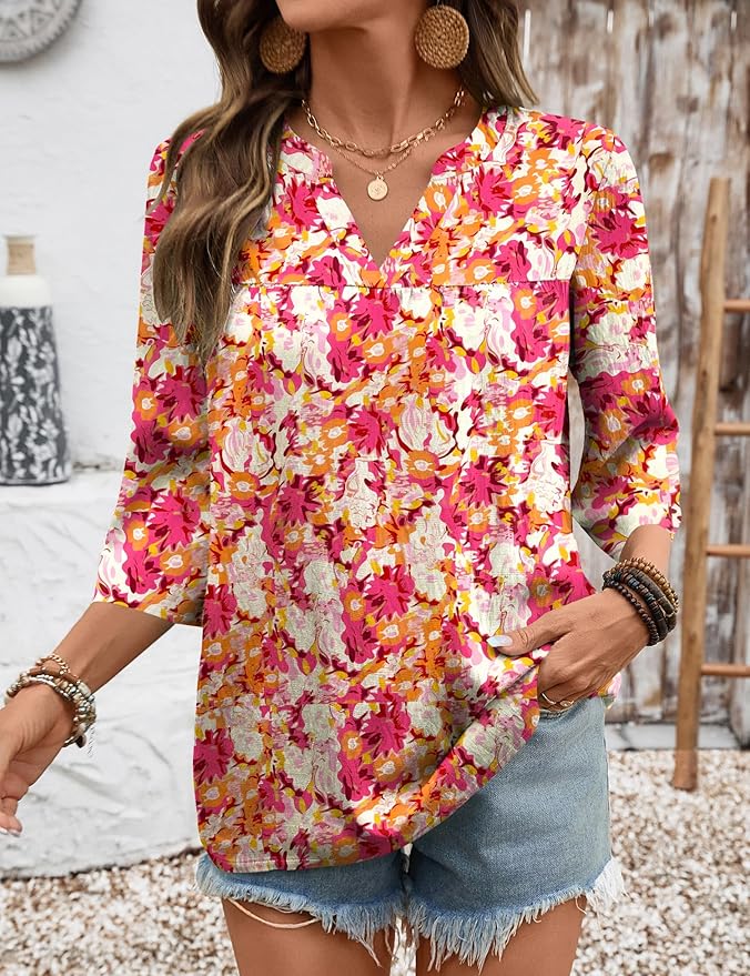 Rapbin Womens 3/4 Sleeve V Neck Floral Print Pleated Blouses for Women Dressy Casual Loose Fit Tops