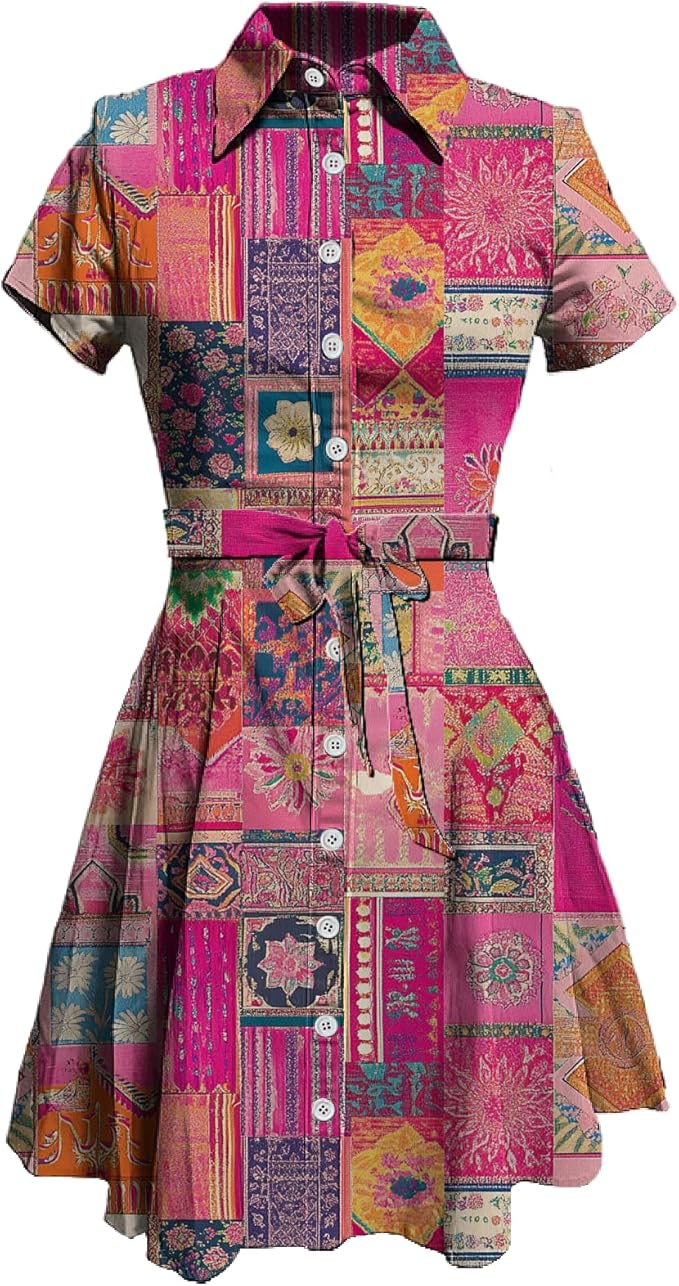 MARSVOVO Vintage Retro Shirt Dress for Women Short Sleeve Button Down Tie Waist Elegant Smocked Knee Length Dress