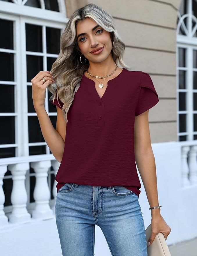 Zeagoo Womens Tops Dressy Casual Textured Blouses Cap Short Sleeve Shirts V Neck Button Up Summer Spring Work Tshirt Clothes