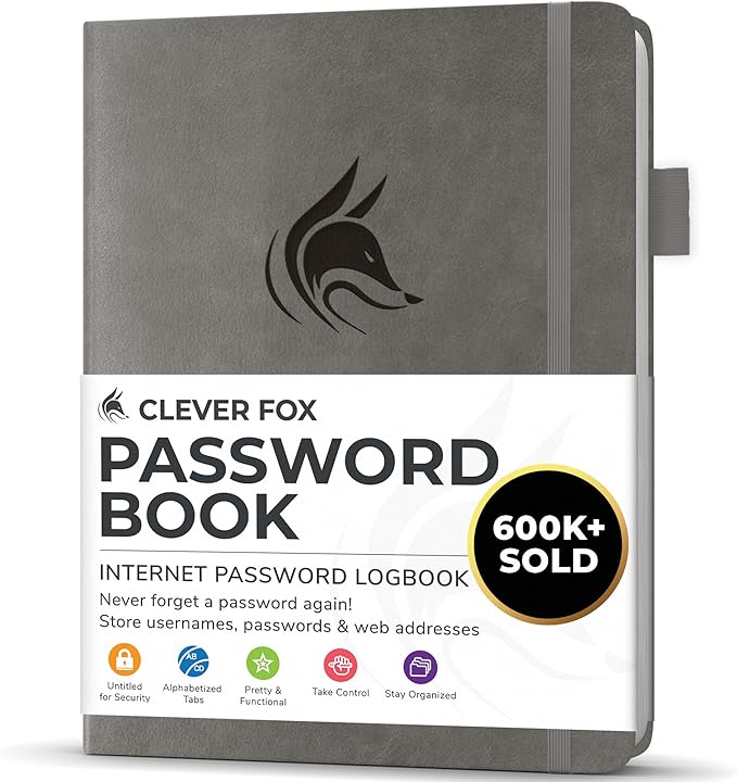 Clever Fox Password Book with alphabetical tabs. Internet Address Organizer Logbook. Small Pocket Password Keeper for Website Logins (Gray)