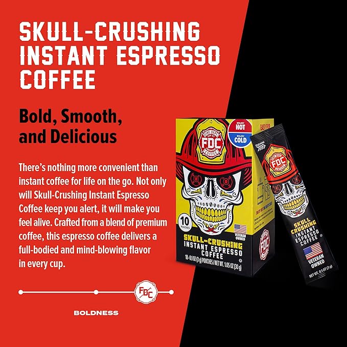 Fire Department Coffee - Skull Crushing Instant Espresso Coffee - Instant Coffee Packets Single Serve - Gives Back to Firefighters - Veteran Owned - Enjoy Hot or Cold (Pack of 10)
