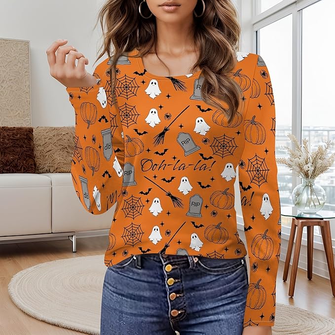 domirica Halloween Sweatshirts For Women Cute Pullover Fall Long Sleeve Pullover U-Neck Halloween Crazy Party Club Clothes