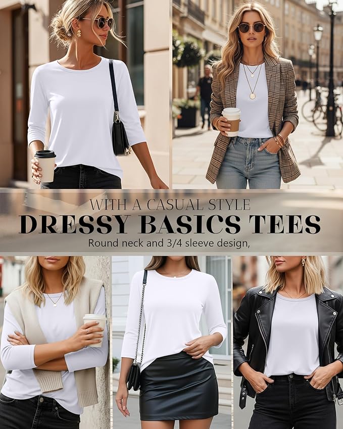 Ficerd 3 Pack 3/4 Sleeve Tops for Women Round Neck Dressy Basics Tees Casual Trendy Loose Fit T Shirts