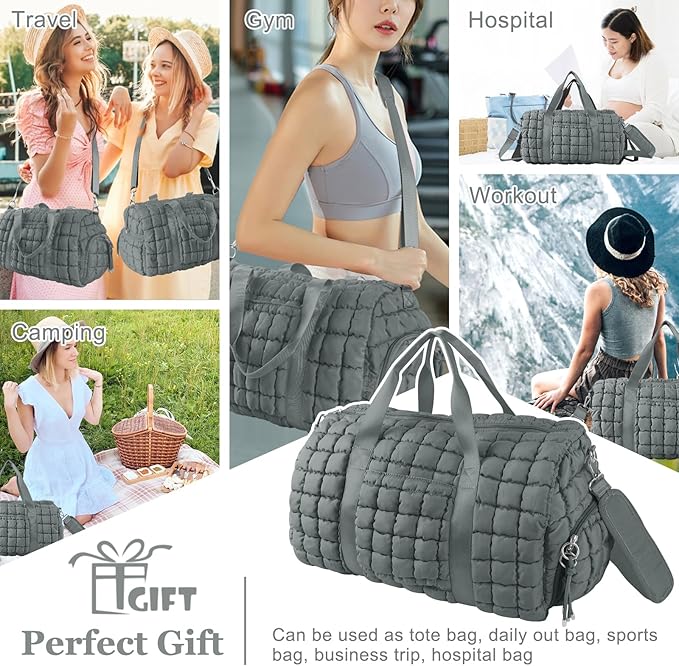 Quilted Travel Duffle Bag Gym Bag for Women,Large Puffer Duffle Weekender Bag with Compartment,Workout Overnight Carry on Organizer Bag Duffle Bag for Airplane Travel(L-Grey)