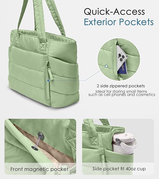 Tote Bag for Women with Zipper, Quilted Puffer Tote Bag with Compartments, Lightweight Puffy Work Bags for Women Travel