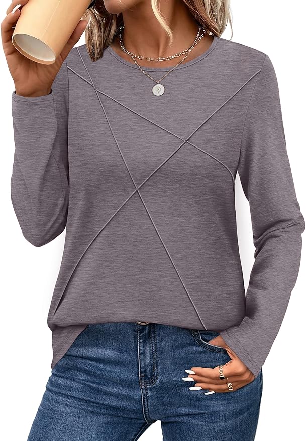 XIEERDUO Long Sleeve Shirts for Women Business Casual Tops Trendy Crewneck Fall T Shirts Pleated Loose Fit