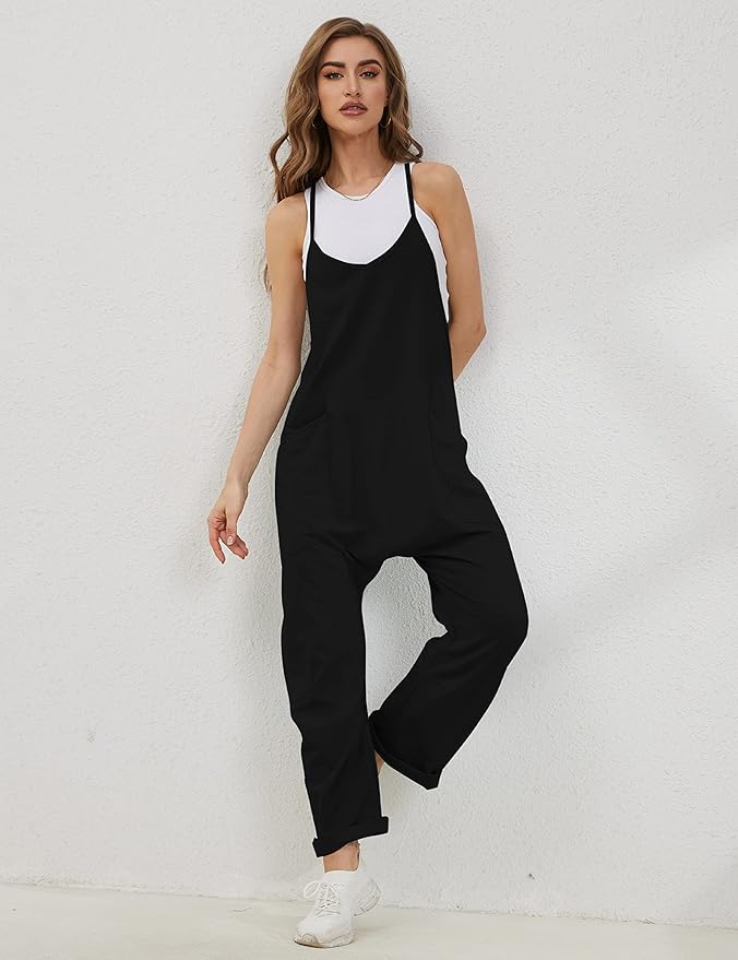Lentta Women's Causal Jumpsuits V Neck Sleeveless Harem Overalls Stretchy Adjustable Strap Romper with Pockets