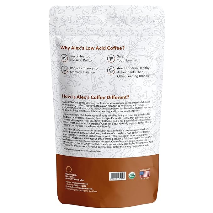 Alex's Low Acid Organic Coffee 12oz Bag - Fresh Ground French Roast (Pack of 1)