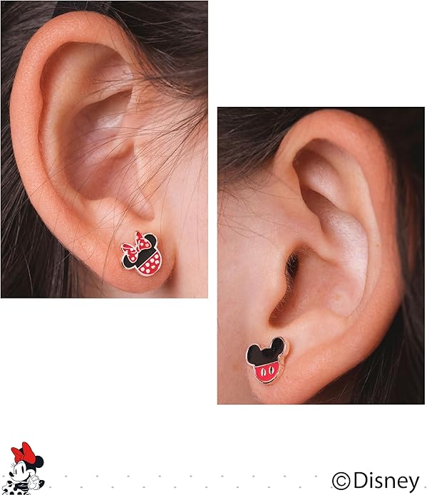 Disney Mismatched Mickey And Minnie Mouse Earrings for Official License, Silver-Plated Minnie and Mickey Stud Earrings