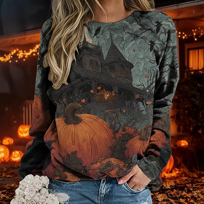 domirica Halloween Sweatshirt For Women Long Sleeve Crew Neck Sweatshirts Fall Halloween Costumes For Holiday Party 2025