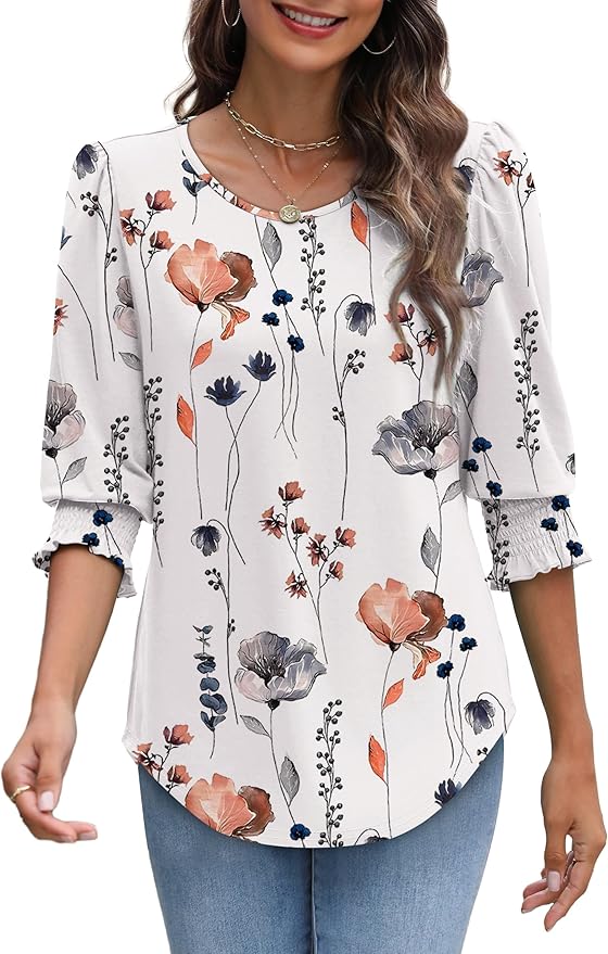 XIEERDUO Blouses for Women Dressy Casual 3/4 Length Sleeve Womens Tops with Smocked Cuffs