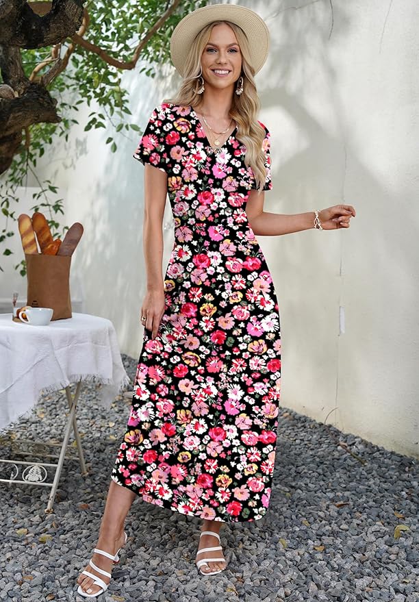 AUSELILY Maxi Dresses for Women Ankle Length Floral Print Beach Long Flowy Dress with Pockets