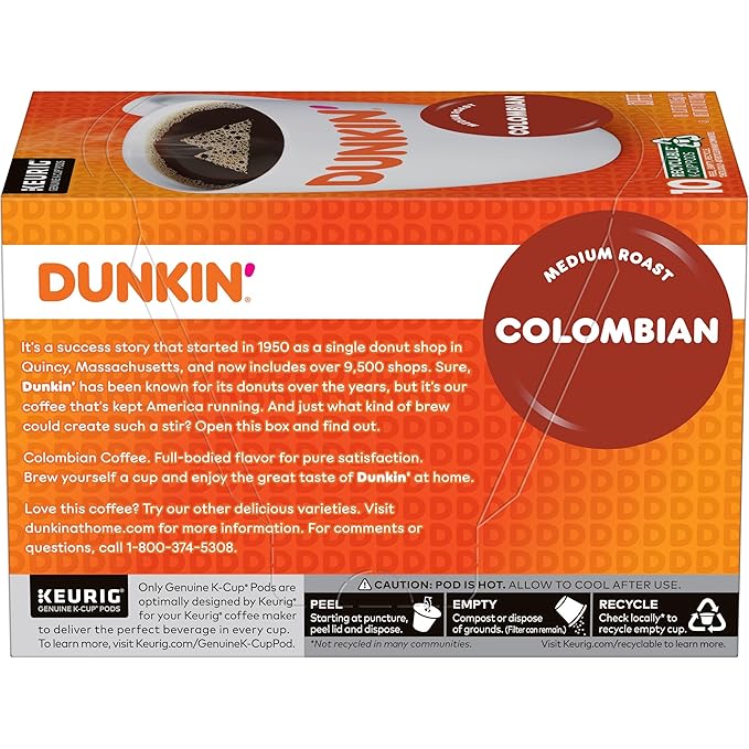 Dunkin' 100% Colombian Medium Roast Coffee, 10 Keurig K-Cup Pods
